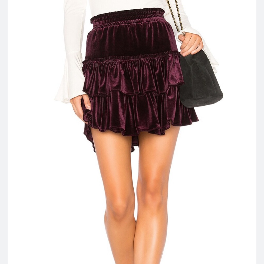 MISA Los Angeles Revolve Luiza Tiered Velvet Skirt in Plum Purple M